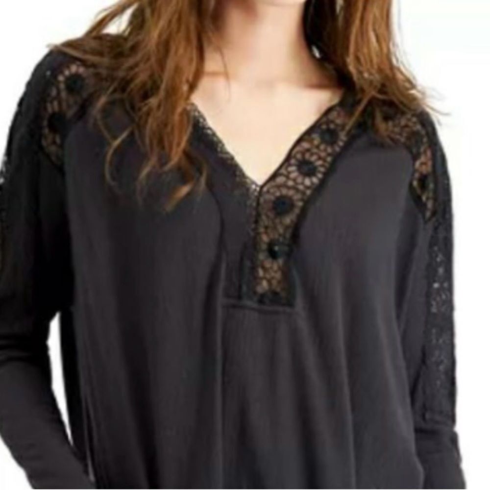 Free People Lola long sleeve dark grey lace vneck top